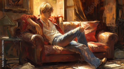 Young man sitting tiredly on couch in messy room with sunlight,  watercolor 