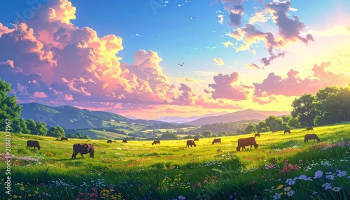 Anime-style sunset over a vibrant pasture with grazing cattle