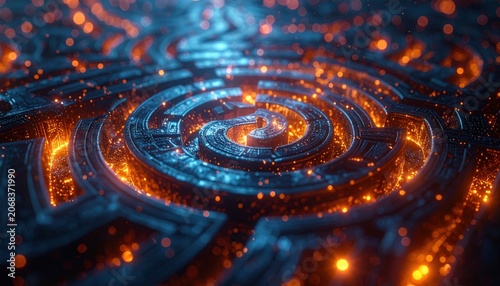 Intricate glowing maze with warm lights and cool blues