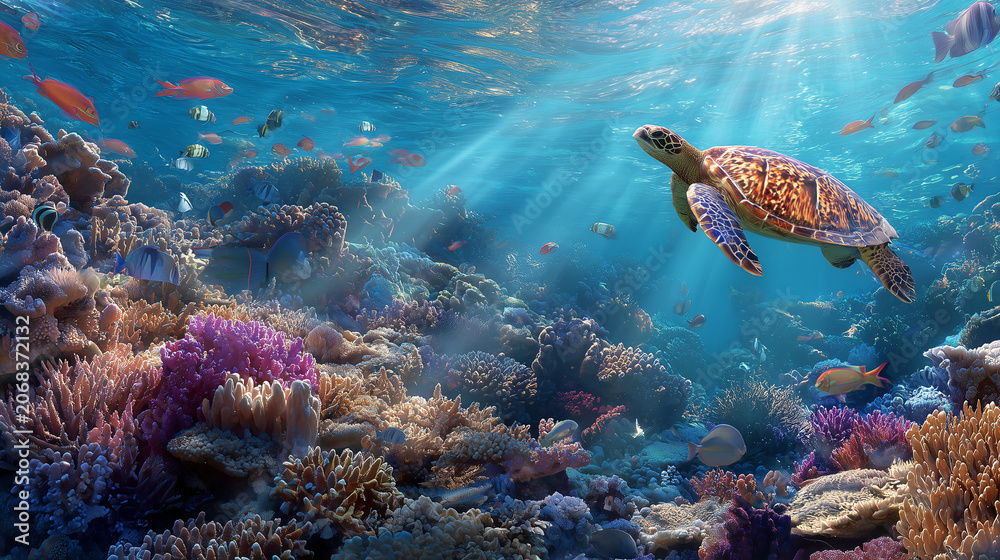 Fototapeta premium Scuba diver exploring a colorful coral reef in the blue tropical sea with marine fish and underwater wildlife in a natural ocean habitat