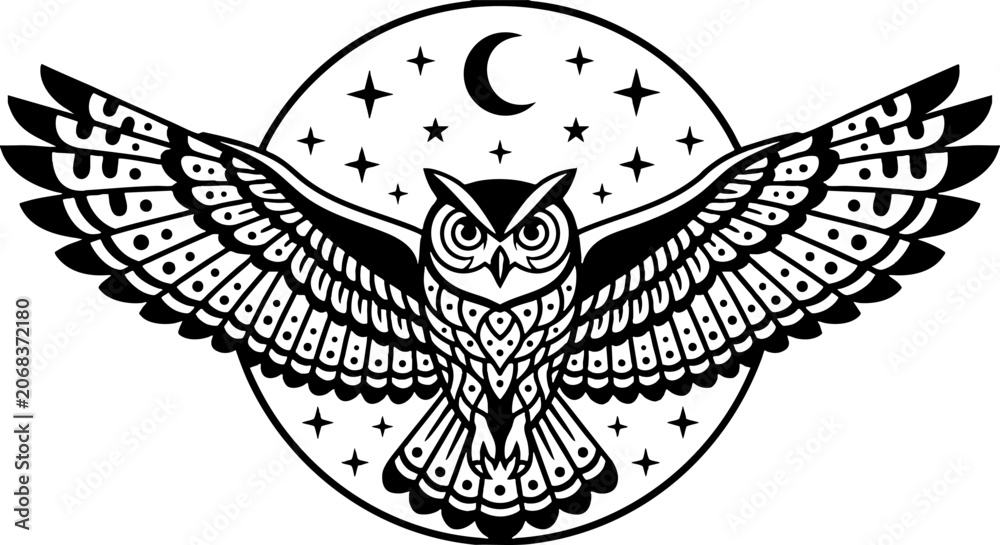 Fototapeta premium Mystical Owl Vector Illustration with Wings Spread and Moon