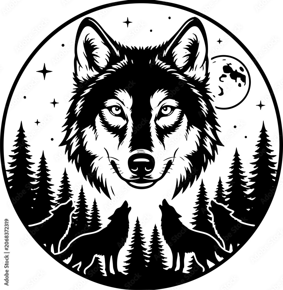 Fototapeta premium Wolf head circular emblem with forest and moon illustration