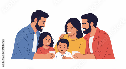 A diverse family of two adults and two children sitting together