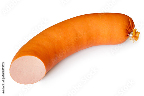 Sausage isolated on white background. Processed meat product for cooking and nutrition. Food industry concept.