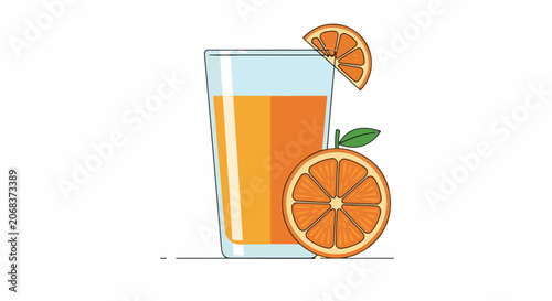 A glass of orange juice with two slices of orange