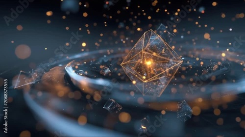 Abstract geometric crystal formation with glowing orange light and surrounding particles. ..Created with Generative AI, not depicting real subjects.