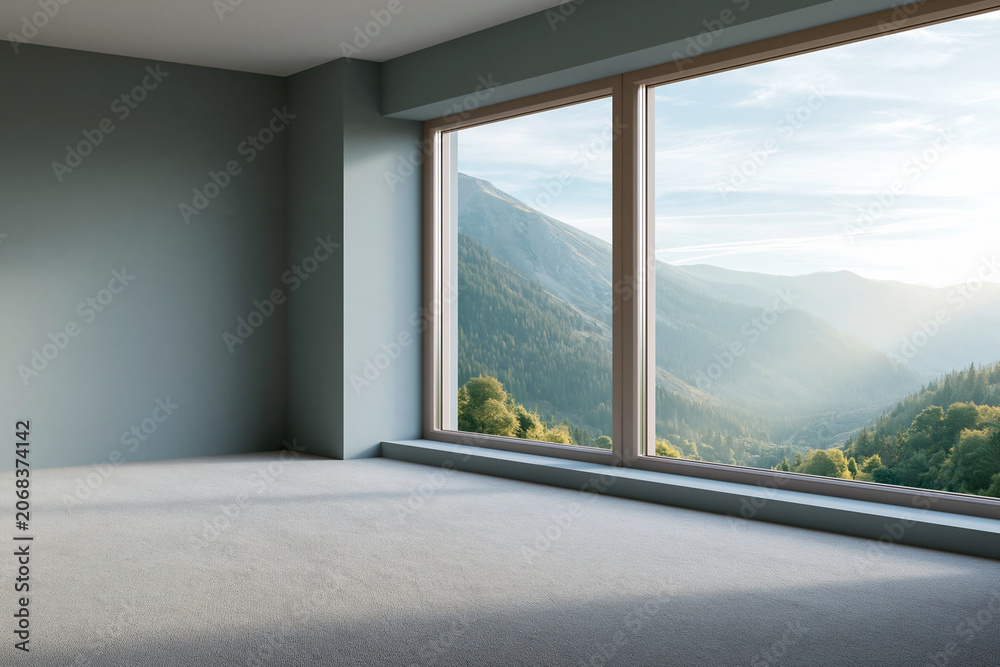Fototapeta premium Cozy room overlooks sunlit mountain range. Soft carpeting meets minimalist walls and wooden-framed glass. Golden light bathes the scene, enhancing tranquil mood. Perfect for interior design