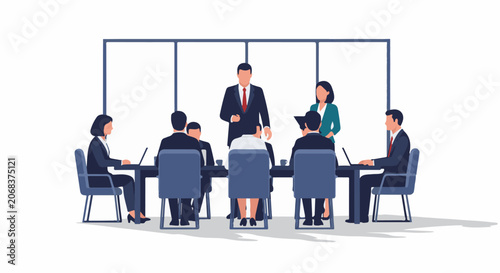 A group of business professionals gathered around a table in a conference room setting
