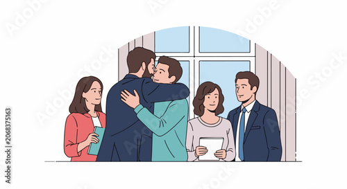 A group of colleagues in business casual attire interacting warmly