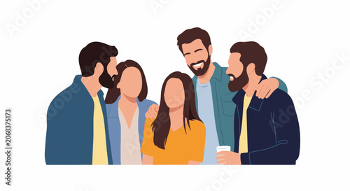 A group of five friends standing together smiling and embracing