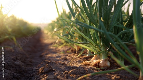 Fresh Green Onion Plants Growing in a Sunlit Agricultural Field at Sunset with Rich Earth and Soft Light
