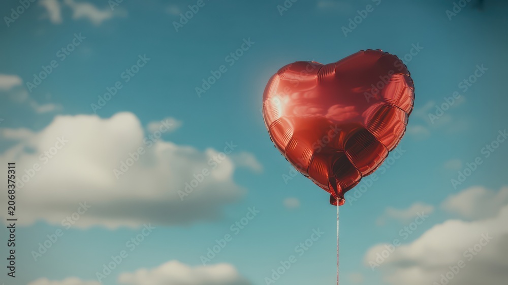 Fototapeta premium Red heart-shaped balloon floating in a vast blue sky with white clouds