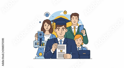 A group of people in business attire and graduation regalia