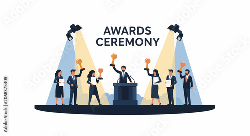 A group of people in business attire hold trophies and certificates on a stage with spotlights