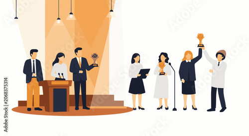 A group of people in business attire standing on a stage with trophies
