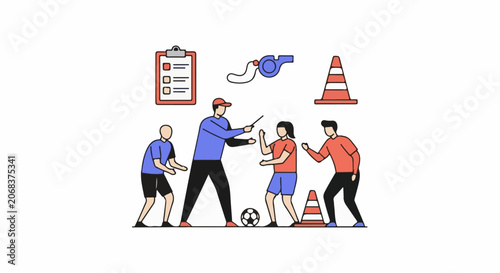 A group of people playing soccer with a coach and a checklist