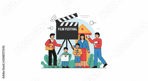 A group of people standing with a film festival clapperboard