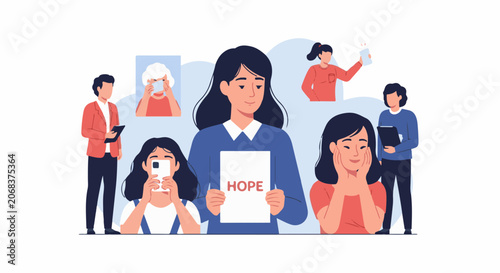 A group of people with one holding a sign that says hope