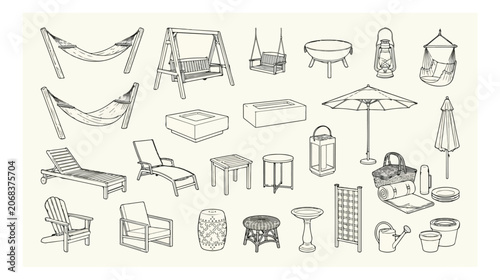 Quadro su tela Outdoor furniture line art collection, garden patio decor vector set, backyard l