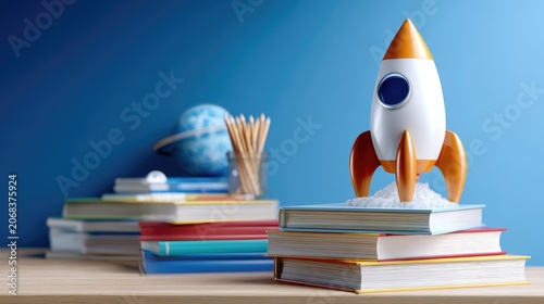 Colorful rocket toy on top of stacks of books with globe and wooden sticks in a bright room setting for educational themes