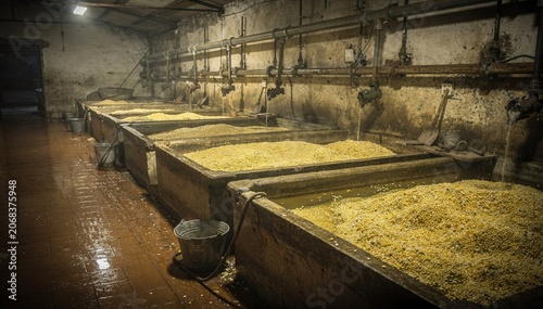 Side angle view of a dimly lit nixtamal resting area showcasing rows of sizable soaking tanks tiled flooring and overhead pipes emphasizing traditional corn processing methods.