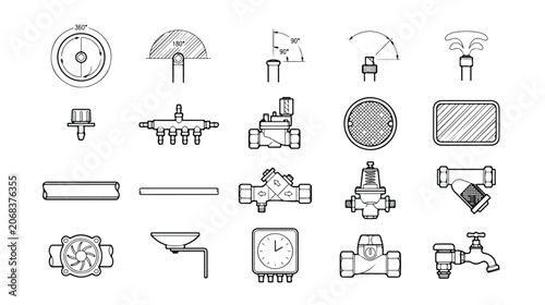 Cuadro en lienzo Irrigation system icons set, 20 garden watering equipment line vectors, plumbing