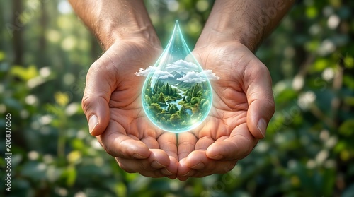 Human hands holding glowing blue water drop containing tiny forest landscape with river and white clouds above trees.