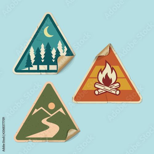 Set of vintage camping stickers with a retro design