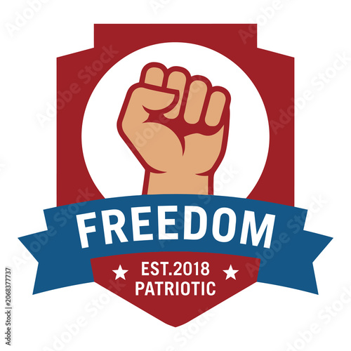 Schilderij op canvas Patriotic symbol with raised fist and freedom text on red shield with blue ribbo