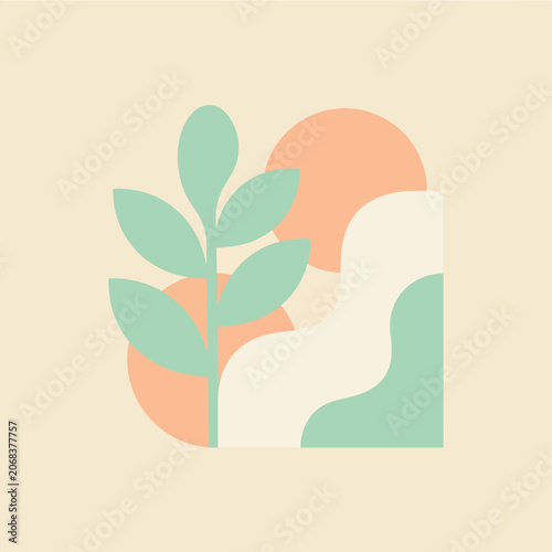 Pastel abstract botanical scene with soft shapes and leaves