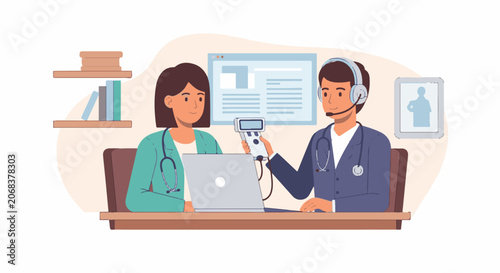 A doctor and patient in a consultation with a laptop and medical equipment