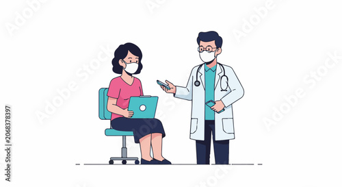 A doctor and patient wear masks