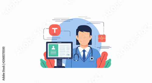 A doctor in blue attire with a stethoscope around their neck stands next to a computer displaying a patient's profile