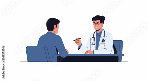 A doctor in a white coat sits at a desk with a patient