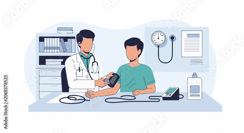 A doctor measures a patient's blood pressure