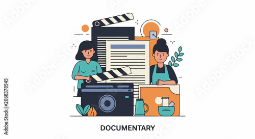A documentary film concept with two women, camera and clapper