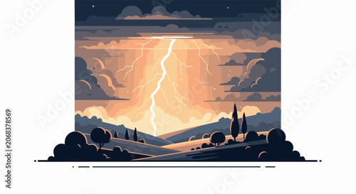 A dramatic landscape with a lightning storm over a serene countryside scene