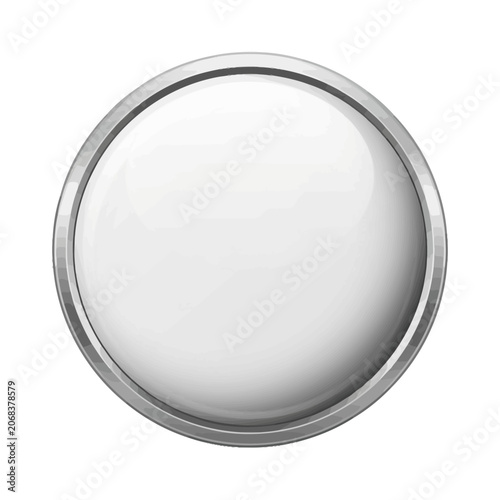 A glossy white circular button with a metallic silver border
