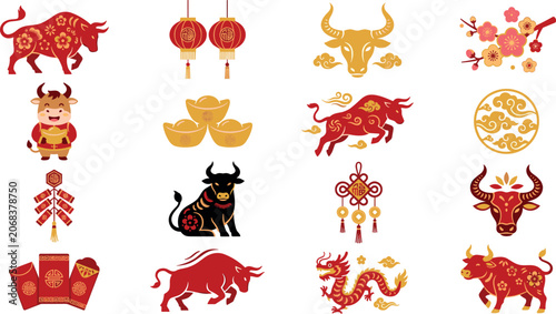 Photos Chinese New Year of the Ox Vector Element Set with Traditional Red Lanterns, Gol