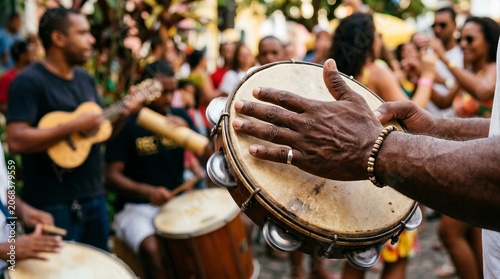Man playing a tambourine in an outdoor samba circle in Brazil.