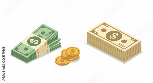 Vászonkép A graphic illustration of stacks of green and beige paper currency and gold coin