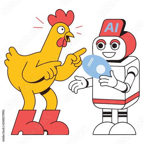 Funny cartoon chicken in red boots arguing with an AI robot vector