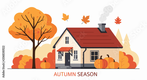 A house with a red roof and pumpkins in the autumn season