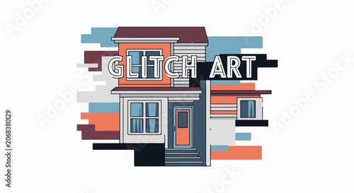 A house with blue, orange and grey blocks and 'glitch art' written on it