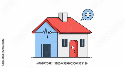 A house with blue left side and red roof with a blue speech bubble