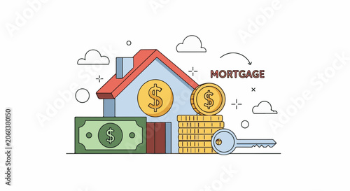 A house with red roof and blue walls surrounded by coins and a key