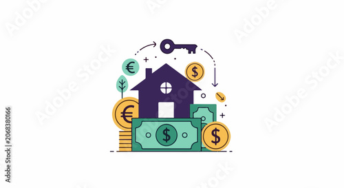 A house surrounded by money and a key