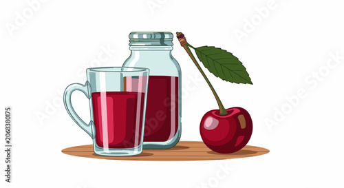 A jar and glass of red juice with a cherry