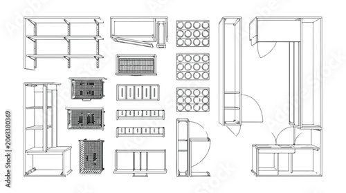 Fotografía Architectural kitchen cabinet line drawings, technical furniture blueprint icons