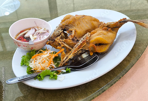 Whole Fried Fish with Dipping Sauce and Salad
